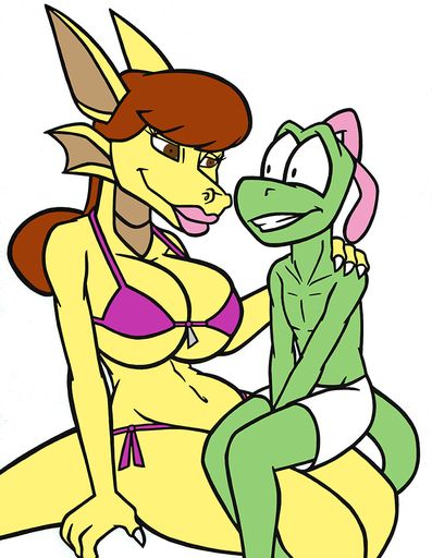 2017 anthro big_breasts bikini breasts brown_eyes brown_hair claws clothed clothing collarbone creatiffy dragon duo eye_contact eyelashes female finger_claws green_body green_skin hair hand_on_shoulder jimmy_(jamearts) lips lipstick lizard looking_at_another makeup male navel on_lap rebecca_(jamearts) reptile scalie side-tie_bikini simple_background smile swimming_trunks swimwear tan_body tan_skin teeth topless // 775x1000 // 441.1KB