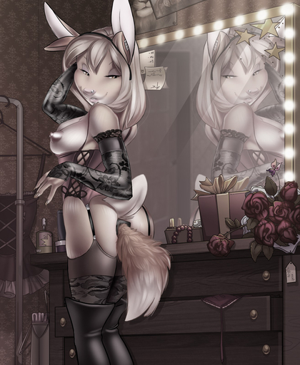 anal anthro boots bottle bottomwear bra breasts brown_eyes bunny_vika buttplug buttplug_tail clothing corset costume desk detailed_background dresser facial_piercing fake_ears fake_fox_ears fake_fox_tail fake_tail female flower footwear fox_tail furniture gift hair inside lagomorph legwear leporid lingerie looking_at_mirror looking_at_object looking_back mammal miles_df mirror monochrome nose_piercing perfume piercing pink_hair plant price_tag rabbit reflection rose_(flower) sepia sex_toy side_boob skirt solo star stockings topwear underwear // 656x800 // 184.0KB