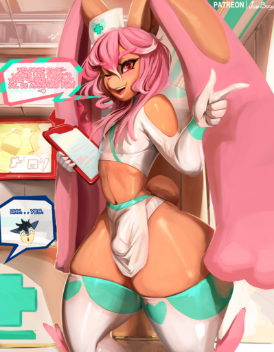2022 <3 anthro badger blush bottomwear brown_body brown_fur bulge clothed clothing detailed_background dialogue digital_media_(artwork) english_text eyebrows fur girly hair hat headgear headwear hi_res honey_badger hospital inside junibuoy lagomorph legwear leporid long_hair looking_at_viewer lopunny male mammal midriff mustelid musteline nurse nurse_clothing nurse_hat nurse_headwear one_eye_closed pink_body pink_eyes pink_fur pink_hair pokemon_(species) pokemon_center rabbit rotom rotom_phone rubber shiny_pokemon skimpy skirt smile solo standing surprise text thick_eyebrows thick_thighs thigh_highs tight_clothing topwear typhlosion video_games wide_hips wink // 1560x2000 // 3.1MB