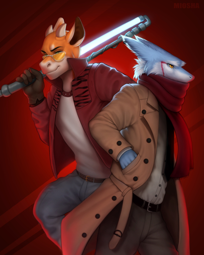 2020 4:5 5_fingers anthro clothed clothing cosplay digital_media_(artwork) dragon duo eyewear fingers fur glasses green_eyes horn male miosha no_more_heroes sergal smile standing wingless_dragon yellow_eyes // 800x1000 // 981.2KB