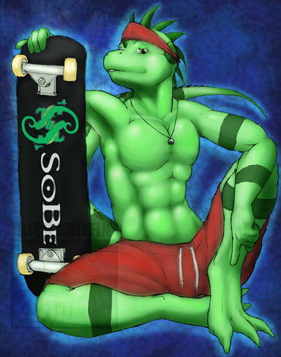 2008 abs anthro athletic bandanna barefoot biped bottomwear clothed clothing feet front_view green_body green_skin guana iguanid jewelry kerchief lizard looking_at_viewer male muscular muscular_anthro necklace pecs reptile rick_griffin scalie shorts sitting skateboard solo stripes sub-tympanic_shield topless // 735x934 // 131.9KB
