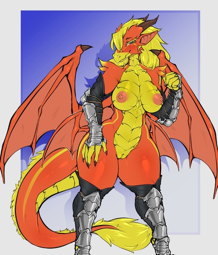 2019 anthro armor avante92 big_breasts blush breasts clothing dragon female gauntlets genitals gloves greaves hair handwear hi_res horn looking_at_viewer nipples non-mammal_breasts peach_pussy pussy scalie smile solo wings // 1536x1799 // 283.8KB
