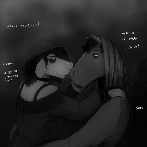 1:1 abandoned abandoned_building black_and_white boop canid canine canis clothed clothing comic domestic_dog duo embrace equid equine female hi_res hladilnik horse hug male mammal michelle_(hladilnik) monochrome school text will_(hladilnik) zebra // 1280x1280 // 99.6KB
