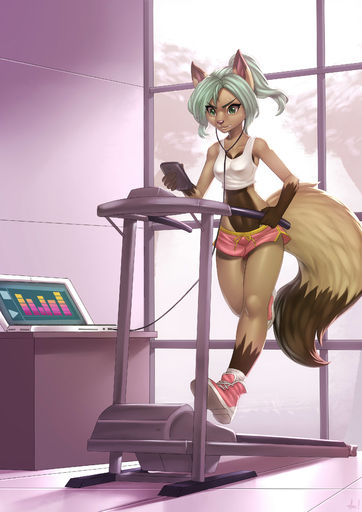 absurd_res alanscampos anthro bodily_fluids bottomwear breasts brown_body brown_fur canid canine clothed clothing computer detailed_background exercise fatima female fluffy fluffy_tail fox frown fur green_eyes green_hair hair hi_res holding_object holding_phone long_tail mammal midriff music phone running shirt shorts skimpy solo sweat tank_top topwear treadmill // 2480x3507 // 944.6KB