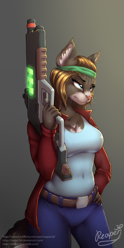 1:2 absurd_res anthro bad_trigger_discipline breasts cleavage clothed clothing domestic_cat felid feline felis female fur gun hair hi_res mammal ranged_weapon reaper3d simple_background solo text url weapon // 1600x3200 // 2.2MB