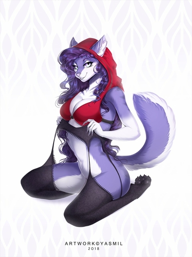 2018 anthro biped canid canine canis clothed clothing digital_media_(artwork) domestic_dog female garter_belt garter_straps hair hi_res kneeling legwear mammal purple_hair solo stockings yasmil yellow_eyes // 957x1280 // 149.9KB