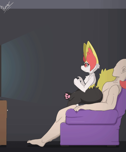 <3 animated anthro big_butt braixen butt controller dengon duo faceless_character faceless_male female furniture game_controller gaming human loop male mammal on_sofa pawpads paws pokemon_(species) red_eyes rubbing simple_background sitting sitting_on_person sitting_on_sofa sofa television thick_thighs video_games // 750x900 // 420.1KB