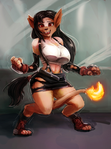 2019 3:4 alternate_species anthro big_breasts black_hair black_nose breasts clothing digital_media_(artwork) digitigrade felid female fire flaming_tail fur general-irrelevant gloves hair handwear hi_res long_hair mammal navel open_mouth pawpads red_eyes red_xiii shaded shaking shirt simple_background solo standing tank_top tifa_lockhart topwear torn_clothing transformation trembling video_games // 1080x1440 // 1.7MB