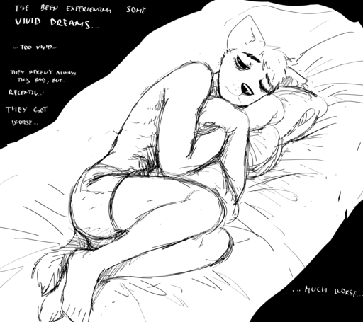 2020 anthro bed black_and_white boxers_(clothing) canid canine canis clothing comic daniel_(hladilnik) english_text furniture hi_res hladilnik male mammal monochrome on_bed one_eye_half-closed pillow pillow_hug sketch solo text underwear wolf // 1440x1280 // 216.2KB