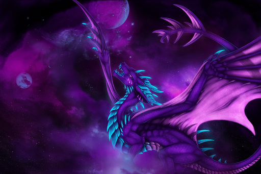 2019 3:2 ambiguous_gender claws cosmic_background detailed_background digital_media_(artwork) dragon hi_res horn membrane_(anatomy) membranous_wings open_mouth purple_body purple_eyes purple_scales ridged_horn scales scalie selianth spines teeth tongue western_dragon wings // 1650x1100 // 2.3MB