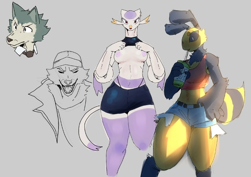 anthro arthropod beastars bee bottomwear breasts canid canine canis clothed clothing do-rag drinking exposed_breasts female flashing fully_clothed goon_(goonie_san) goonie-san group hand_on_hip hi_res hymenopteran insect juice_(disambiguation) legoshi_(beastars) looking_at_viewer male mammal mercy_(goonie-san) midriff mienshao nintendo nipples pokemon pokemon_(species) shorts sketch skirt thick_thighs video_games wide_hips wolf // 2894x2039 // 411.1KB