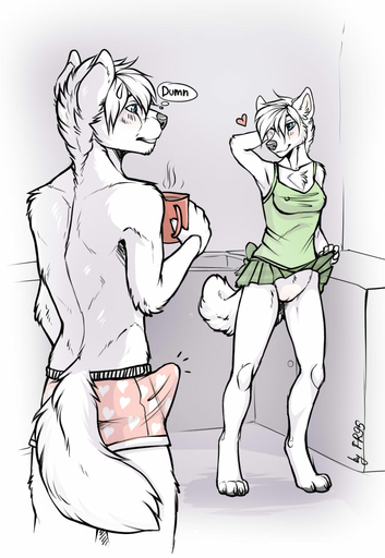 2015 <3 anthro beverage blue_eyes blush bottomless bottomwear boxers_(clothing) breasts brother brother_and_sister bulge canid canine canis chest_tuft clothed clothing clothing_lift coffee digital_media_(artwork) digitigrade duo era_heartwood erection erection_under_clothing eye_contact f-r95 female fur genitals grin hair hi_res holding_object incest_(lore) inside looking_at_another male mammal nightgown nipple_outline nipples no_underwear penis pussy sibling sister skirt skirt_lift small_breasts smile standing teasing tenting text thought_bubble topless tuft twins underwear veil_heartwood white_body white_fur white_hair wolf // 849x1232 // 122.3KB