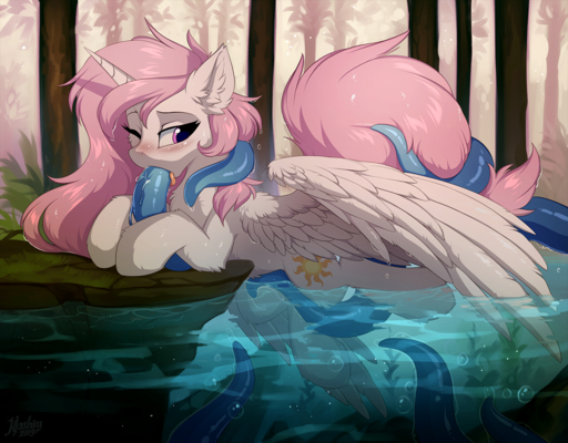 2019 blush bubble cutie_mark detailed_background digital_media_(artwork) equid equine feathered_wings feathers female feral fur hioshiru horn horse mammal one_eye_closed oral partially_submerged princess_celestia_(mlp) solo tentacles water winged_unicorn wings // 1280x1000 // 1.4MB