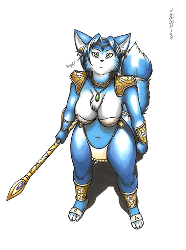 2008 anthro armor blue_body blue_fur blue_hair canid canine clothed clothing digital_media_(artwork) ear_piercing female fox fur hair jewelry krystal krystal's_staff looking_at_viewer mammal marker_(artwork) meesh melee_weapon nintendo piercing polearm simple_background skimpy solo staff star_fox thick_thighs traditional_media_(artwork) unconvincing_armor video_games weapon white_background white_body white_fur // 669x898 // 285.2KB