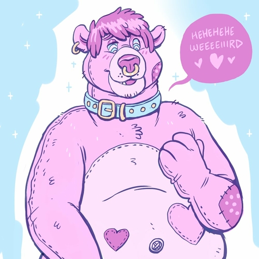 1:1 2018 <3 animate_inanimate anthro austin_(night_physics) button_(fastener) collar dramamine ear_piercing ear_ring english_text facial_piercing hair living_plushie male mammal nose_piercing nose_ring patchwork piercing plushie solo speech_bubble text ursid // 1000x1000 // 114.8KB