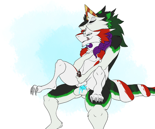 6:5 absurd_res anthro anthro_on_anthro azaly balls bodily_fluids braided_hair cum duo erection fur genital_fluids genitals hair hi_res long_hair long_tail male malemale mammal open_mouth penis purple_hair red_body red_fur sergal sergalsmilchistgut sex simple_background thorsten_anzomi tongue // 3000x2500 // 2.2MB