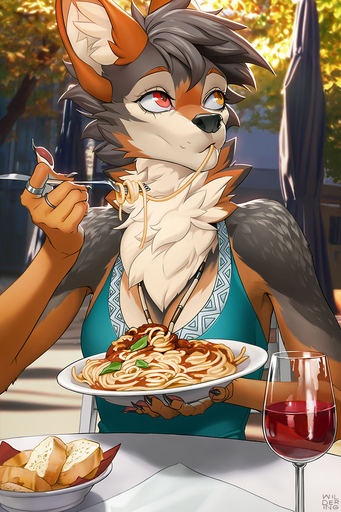 2:3 5_fingers alcohol anthro beverage black_nose bread breasts brown_body brown_fur canid canine canis claws clothed clothing day detailed_background eating female fhyra fingers food fur grey_body grey_fur heterochromia hi_res jackal mammal multicolored_body multicolored_fur outside pasta ring_(jewelry) solo spaghetti wildering wine wine_glass // 800x1200 // 783.5KB