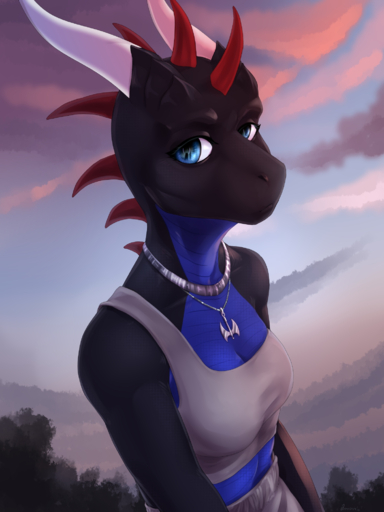 2019 3:4 anthro blue_eyes breasts day detailed_background digital_media_(artwork) dragon female hi_res horn looking_at_viewer non-mammal_breasts omesore outside scalie sky solo spines wingless_dragon // 1500x2000 // 1.5MB