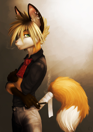 anthro bandage black_and_mild blonde_hair canid canine cigar cigarillo clothed clothing fox green_eyes hair hi_res looking_at_viewer male mammal necktie piercing short_hair smoke sneakerfox solo // 848x1200 // 733.2KB