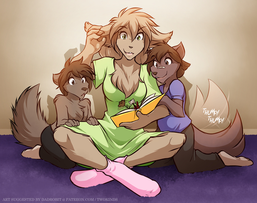 anthro basitin canid canine canis chest_tuft clothed clothing conditional_dnp cub digitigrade female footwear group keidran king_adelaide kneeling legwear male mammal natani queen reading royalty sitting smile socks sound_effects tailwag tom_fischbach topless tuft twokinds webcomic webcomic_character wolf young zen_(twokinds) // 1000x790 // 750.3KB