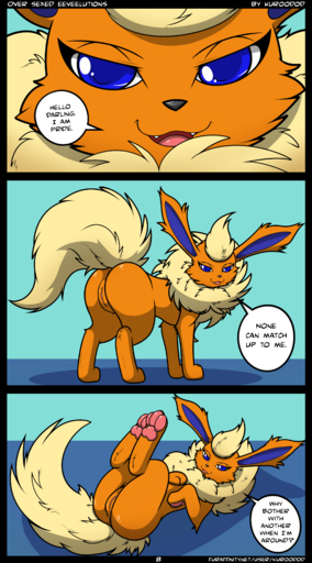 2014 absurd_res anus barely_visible_anus black_nose blue_eyes comic dialogue dirty_talk eeveelution english_text fan_character female feral flareon fur generation_1_pokemon genitals greeting hi_res kuroodod looking_at_viewer looking_back lying on_back open_mouth orange_body orange_fur paws pokemon_(species) porn_dialogue presenting pride_(kuroodod) pussy solo speech_bubble standing text video_games yellow_body yellow_fur // 2500x4500 // 1.7MB