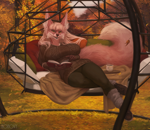 anthro autumn big_breasts big_tail book breasts canid canine clothed clothing cup curvy_figure detailed_background female footwear fox fur hair holding_object honovy huge_breasts looking_at_viewer loyse lying mammal outside pillow pink_body pink_fur solo tea_cup voluptuous // 1091x949 // 1.5MB
