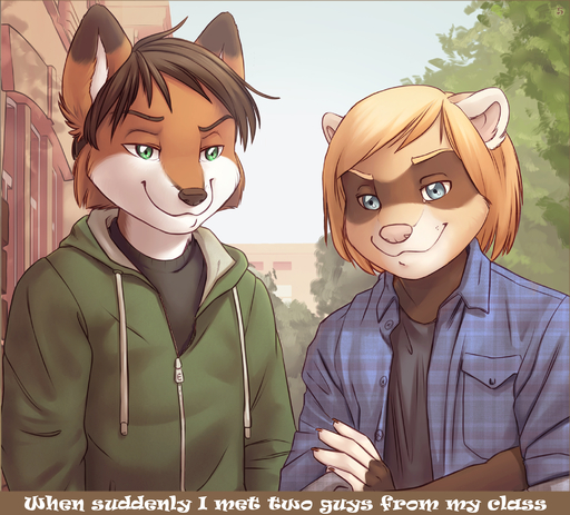anthro blonde_hair blue_eyes canid canine clothed clothing comic digital_media_(artwork) domestic_ferret duo english_text fox green_eyes hair hi_res iskra male mammal marcel_the_ferret mustela mustelid musteline outside plant shaded text tree true_musteline // 2100x1900 // 1.8MB