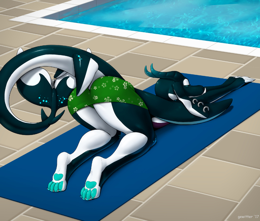 absurd_res anthro bikini butt cetacean clothing delphinoid dragon female gewitter hi_res hybrid jewelry kaydra_wingfin_(character) mammal marine oceanic_dolphin orca scalie solo stretching swimwear toothed_whale wings yoga // 3100x2626 // 3.1MB
