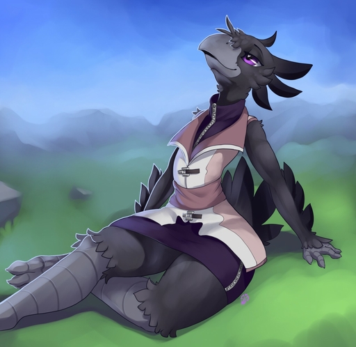 2016 <3 <3_eyes anthro avian beak biped bird_feet black_body black_feathers chocobo clothed clothing feathers female flat_chested grass grey_body grey_scales half-closed_eyes hi_res narrowed_eyes outside plant purple_eyes scales sitting sky smile solo video_games wide_hips zerolativity // 1280x1245 // 157.4KB