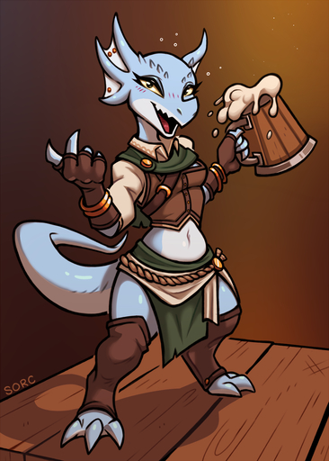 2018 alcohol anthro balancing barmaid beer beverage blush breasts butt claws clothed clothing digital_media_(artwork) drunk female fin fin_piercing furgonomics furry-specific_piercing happy hi_res holding_object kobold lasi midriff non-mammal_breasts open_mouth piercing reptile scales scalie short_stack simple_background solo sorc standing substance_intoxication teeth tongue // 1008x1411 // 746.0KB