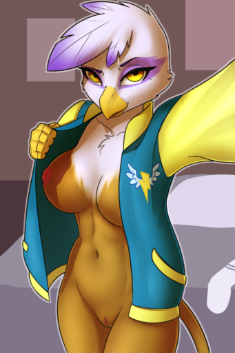 2017 2:3 abs absurd_res anthro anthrofied avian beak bottomless breasts clothed clothing feathers female friendship_is_magic genitals gilda_(mlp) gryphon hasbro hi_res innie jacket looking_at_viewer my_little_pony mythological_avian mythology navel nipples non-mammal_breasts one_breast_out open_clothing open_jacket open_topwear pudgeruffian pussy selfie smile solo topwear yellow_eyes // 2000x3000 // 2.8MB