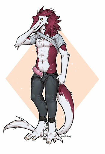 2019 digital_media_(artwork) f-r95 fur genitals humanoid_genitalia humanoid_penis male nipples penis red_body red_fur sergal simple_background solo yellow_eyes // 751x1100 // 85KB