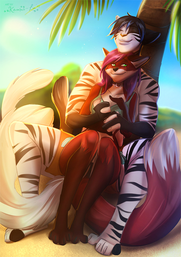 2019 5_fingers anthro anthro_on_anthro black_hair canid canine clothed clothing day detailed_background digital_media_(artwork) duo eyes_closed felid female fingers fox green_eyes hair kammi-lu male malefemale mammal outside pantherine shaded smile tiger // 707x1000 // 484KB