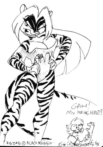 1998 anthro big_breasts breasts cleavage clothed clothing duo english_text eric_schwartz eric_schwartz_(character) female hair hands_on_hips holding_arm long_hair looking_aside looking_at_self male mammal mephitid monochrome open_mouth pain pen_(artwork) rodent sciurid simple_background skunk solo_focus standing stripes text torn_clothing traditional_media_(artwork) tree_squirrel white_background wounded zig_zag // 482x685 // 44.7KB