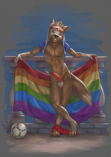 2016 abs anthro athletic athletic_anthro athletic_male ball balls black_nose blue_eyes bottomless bottomwear canid canine canis clothed clothing clothing_lift deusexmoose digitigrade erection eyewear fifa flag genitals goggles hi_res holding_object holding_towel humanoid_genitalia humanoid_penis lgbt_pride male mammal mascot mostly_nude pants_down partially_clothed pecs penis pride_colors rainbow rainbow_flag rainbow_pride_flag rainbow_symbol shirt shirt_lift shorts signature soccer_ball solo topwear towel vein white_balls wolf yes zabivaka // 1240x1754 // 1.3MB