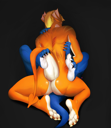 2017 3_toes 4_toes absurd_res anthro black_background blood blue_body blue_scales bodily_fluids butt claw_marks claws colored digital_media_(artwork) dragon duo feet foot_focus hair hi_res kneeling legs_up looking_down lying macabre male nude on_back orange_body orange_scales plantigrade reptile scales scalie schizy scratches scratching sex shaded sicle simple_background soles sweat toe_claws toes wounded // 2413x2782 // 2.7MB