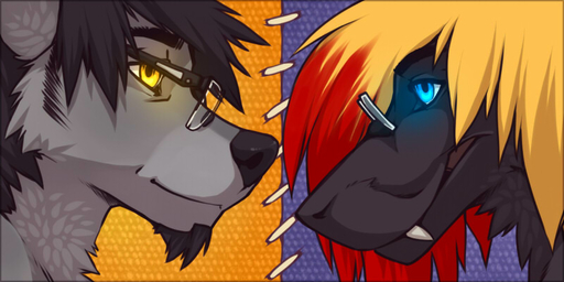 2011 2:1 abstract_background anthro canid canine canis digital_media_(artwork) duo eyewear female fleki_(character) glasses glowing glowing_eyes grin male mammal simple_background smile wolf wolfy-nail wolfy-nail_(character) // 800x400 // 86.9KB