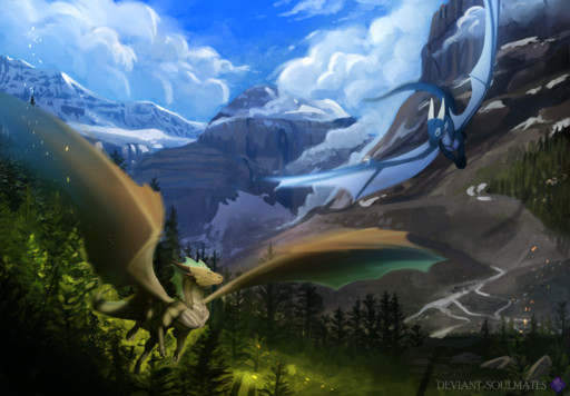 2019 absurd_res blue_body blue_scales claws day detailed_background deviant-soulmates digital_media_(artwork) dragon duo female feral flying forest hi_res horn male membrane_(anatomy) membranous_wings outside plant scales scalie sky smile spines tree western_dragon wings // 3600x2500 // 11.5MB