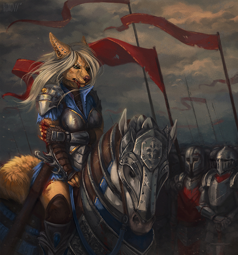 ambiguous_gender angry anthro armor blood bodily_fluids canid canine canis clothed clothing ear_piercing equid equine faceless_ambiguous faceless_character female female_focus feral flag front_view golden_jackal green_eyes grimace group hair holding_arm honovy horse human industrial_piercing jackal jewelry looking_down mammal medieval melee_weapon military necklace outside overcast piercing riding sky snout soldier solo_focus sword warrior weapon whiskers wind wounded zilla_(airlea) // 699x750 // 869.8KB