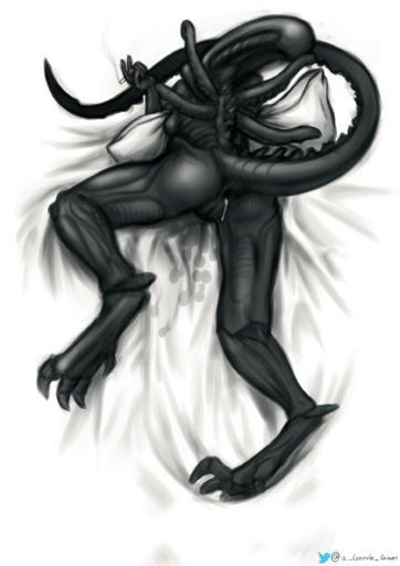 3_toes absurd_res after_sex alien alien_(franchise) anus bed bodily_fluids claws cum cum_in_ass cum_inside english_text feet female furniture gaping gaping_anus genital_fluids genitals hi_res pussy soles solo text the_gentle_giant toe_claws toes xenomorph // 1754x2480 // 2.3MB