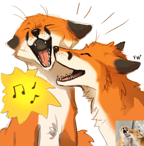 2021 ambiguous_gender black_nose canid canine digital_media_(artwork) duo eyes_closed feral flashw fox fur mammal musical_note open_mouth orange_body orange_fur real simple_background teeth tongue white_background white_body white_fur // 984x1000 // 658.9KB