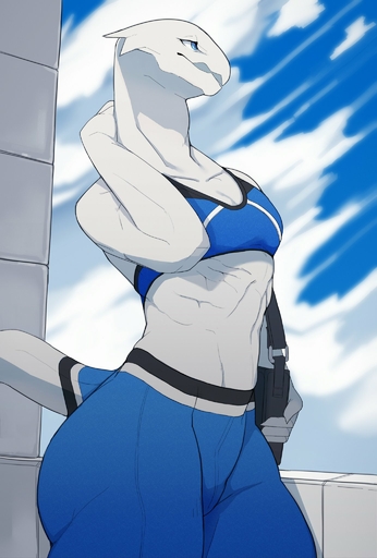 2020 anthro biped bra butt clothing con5710 female hi_res holding_object looking_away low-angle_view midriff muscular muscular_anthro muscular_female navel open_mouth outside scalie solo sports_bra standing sweatpants thick_thighs underwear wide_hips // 1384x2048 // 241.5KB