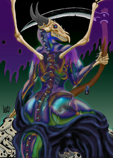 absurd_res bone butt clothing death_(personification) demon dragon female ghost grim_reaper hi_res lokidragon87 melee_weapon polearm scalie scythe skeleton skull solo spirit translucent translucent_body weapon // 2344x3264 // 6.5MB