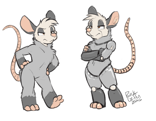 2016 alternate_species animatronic anthro biped brown_eyes colored_sketch crossed_arms didelphid duo featureless_crotch female front_view frown hands_on_hips jessica_(housepets!) machine mammal marsupial nude rick_griffin robot signature simple_background sketch standing unamused virginia_opossum white_background // 963x744 // 245.5KB