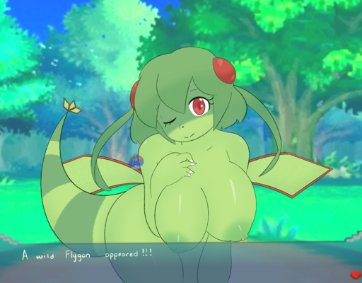 absurd_res anthro big_breasts breasts dragon female flygon hi_res leaning leaning_forward looking_at_viewer mochagato nintendo one_eye_closed pokemon pokemon_(species) smile smiling_at_viewer solo text_box video_games wings wink winking_at_viewer // 3549x2776 // 12.6MB