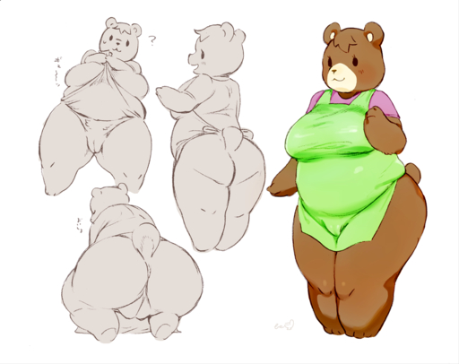2018 :3 ? all_fours anthro apron ass bear bebebebebe big_butt biped black_eyes bottomless breasts brown_fur brown_tail clothed clothing digital_media_(artwork) dot_eyes female fur green_clothing green_topwear head_tuft looking_at_viewer looking_back mammal model_sheet open_mouth pink_clothing pink_shirt pink_topwear pussy shirt short_tail simple_background slightly_chubby small_tail smile solo standing thick_thighs white_background // 1157x918 // 438.1KB