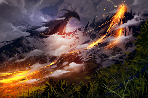 2016 ambiguous_gender day detailed_background digital_media_(artwork) dragon fantasy feral grass hi_res lava outside plant ryky sky solo standing volcano // 1600x1067 // 3.1MB