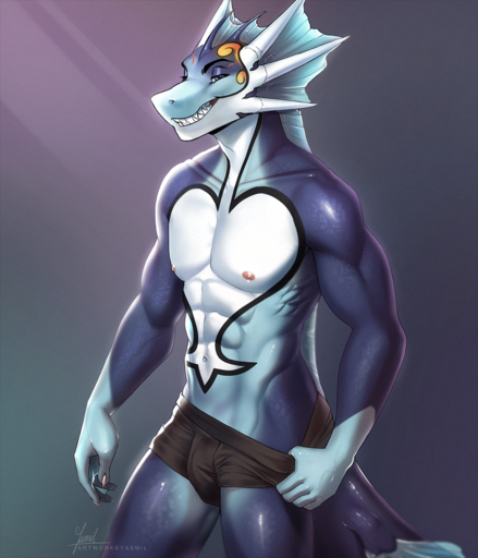 2019 5_fingers abs anthro blue_body blue_eyes blue_scales digital_media_(artwork) dragon fingers horn male navel scales smile solo spines teeth wingless_dragon yasmil // 1000x1167 // 1.6MB