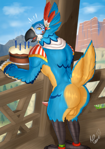 absurd_res anthro avian balls beak bird birthday_cake blue_body blue_feathers breath_of_the_wild butt cake candle dessert feathers food genitals hi_res kass_(tloz) landscape looking_back male meleon mountain multicolored_body nintendo nude penis perineum raised_tail rito solo the_legend_of_zelda video_games wings // 1984x2806 // 5.2MB