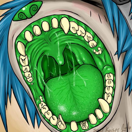 1:1 blue_hair bodily_fluids broken_teeth close-up fangs gaping_mouth hair mouth_shot open_mouth palate saliva seel_dingo seel_dingo_(character) seel_kaiser short_hair simple_background solo teeth tongue uvula // 733x733 // 543.4KB